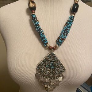Turquoise Beaded Statement Necklace with Silver Pendant